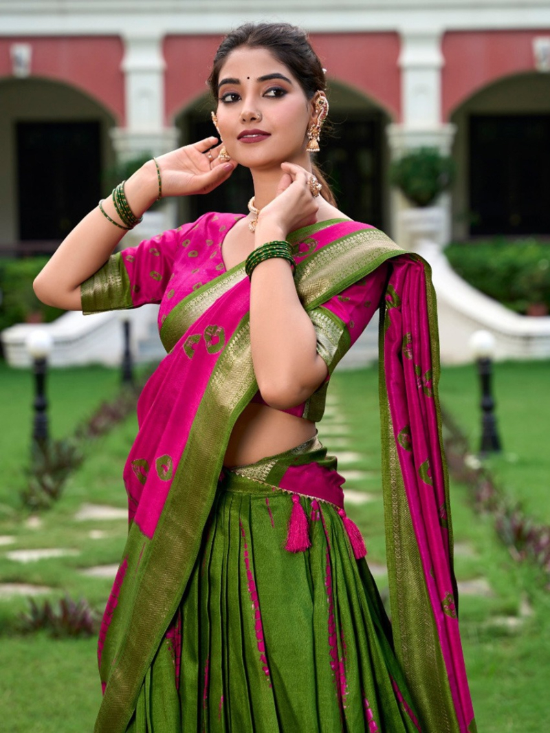 Ethnic Festive  Mehendi Green & Rani Pink Dola Silk Lehanga Suit