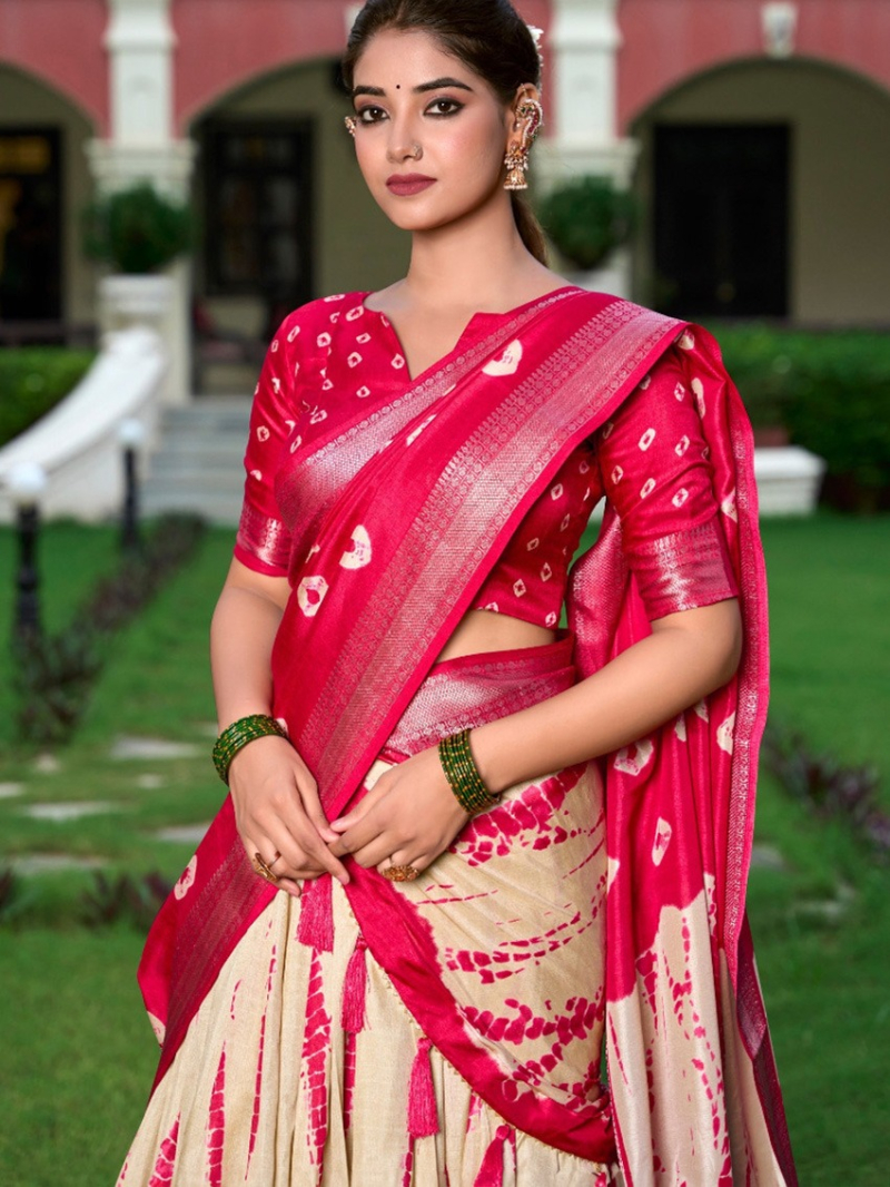 Ethnic Elegant Festive  Cram & Red Dola Silk Lehanga Suit
