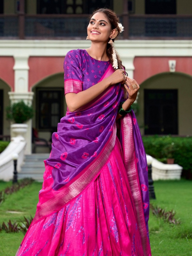 Elegant Ethnic Purple &  Rani Pink Shibori Print Dola Silk Lehanga Suit