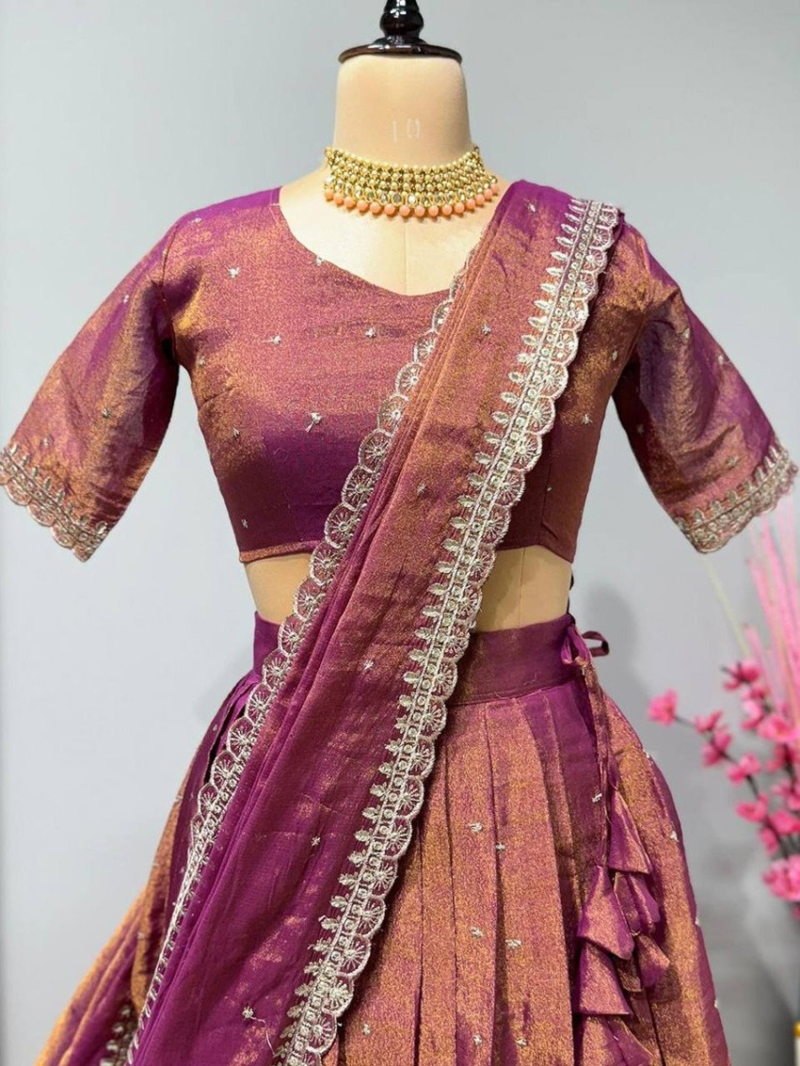 Festive Wear Rust Gold Tissue Cotton Lehanga  Suit