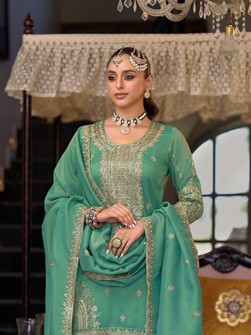 Elegant Ethnic Traditional Teal Embroidered Plazo Suit