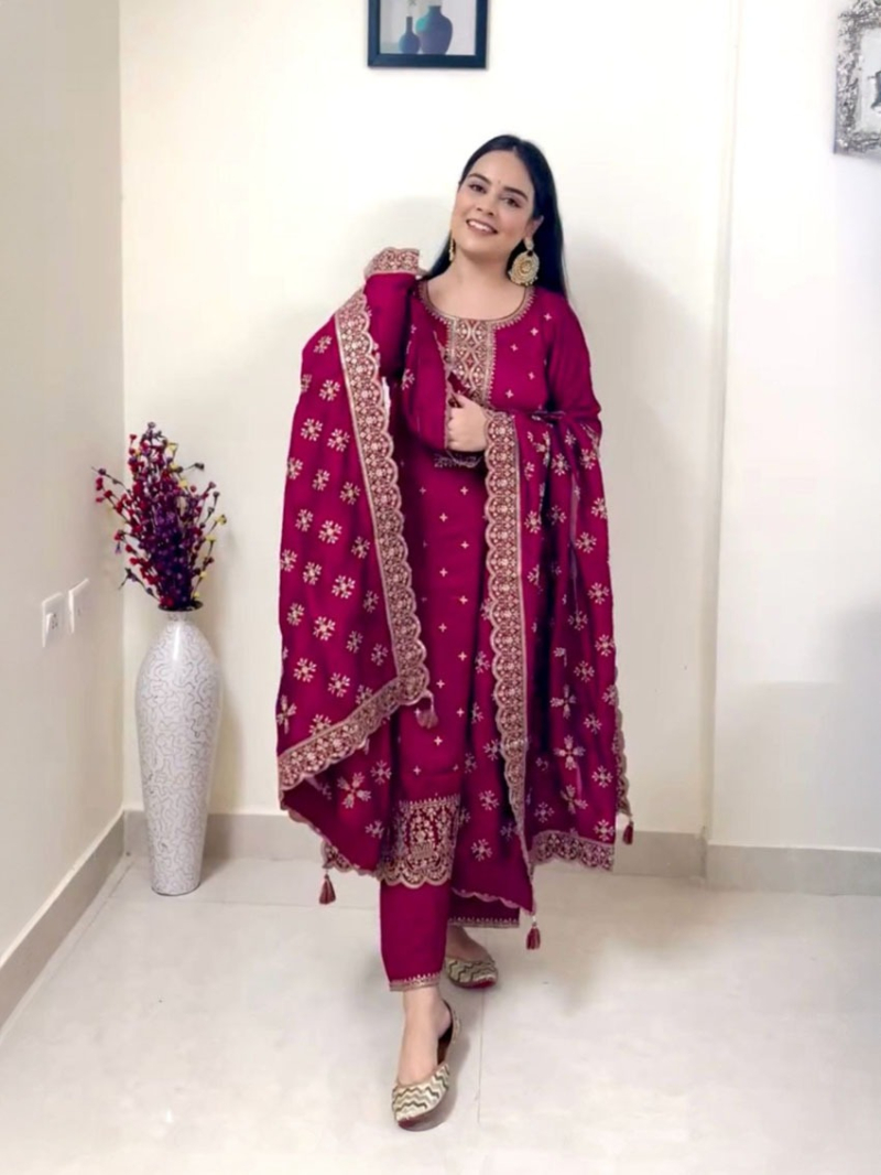 Elegant Ethnic Maroon  Vichitra Silk Straight Suit