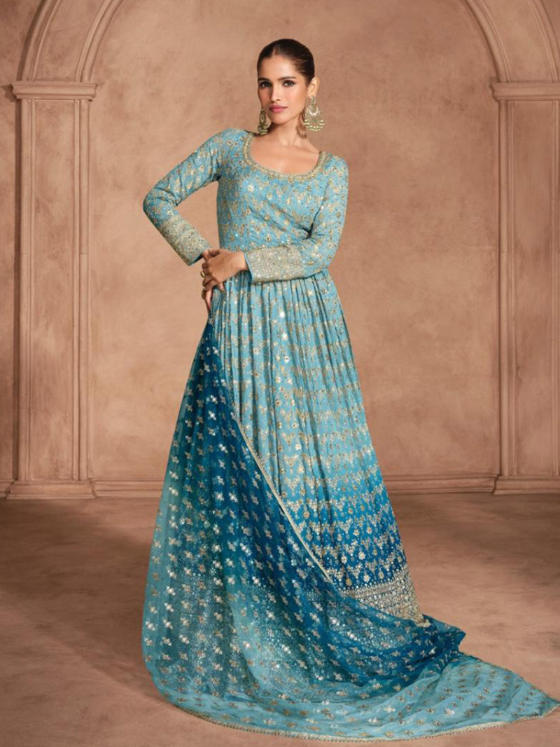 Designer Blue Georgette Embroidered Gown