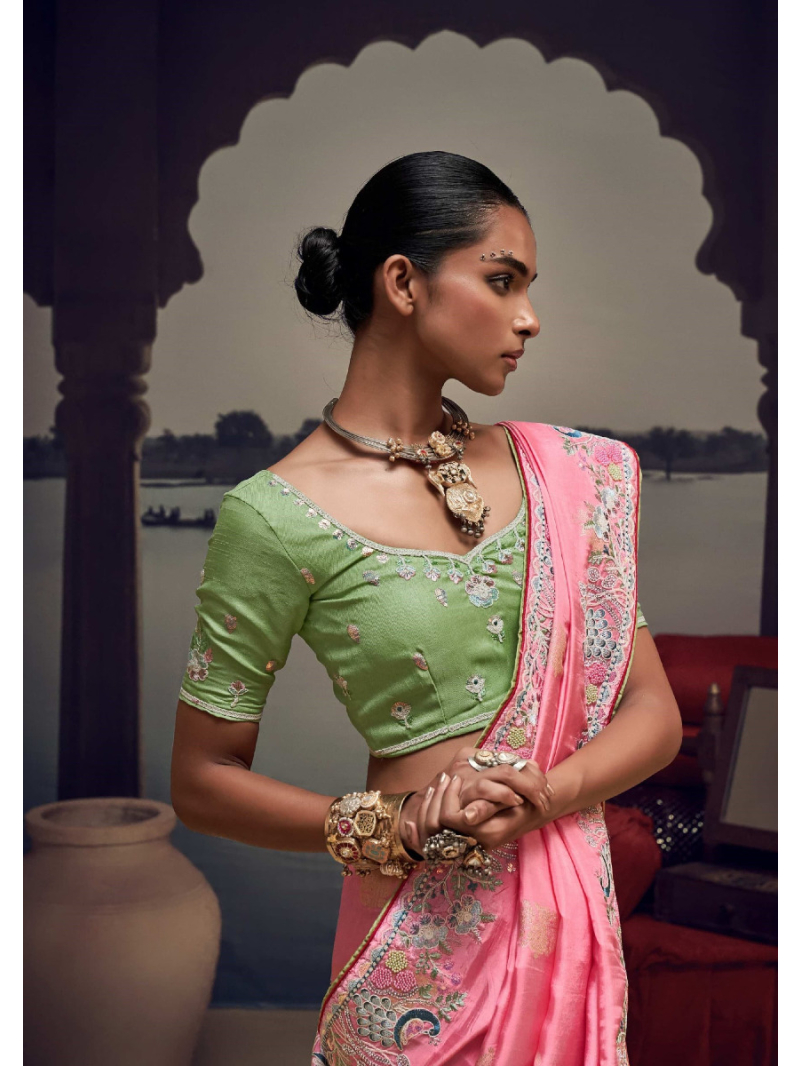 Ethnic Festive Designer Satin Silk  Pastel Pink Saree 