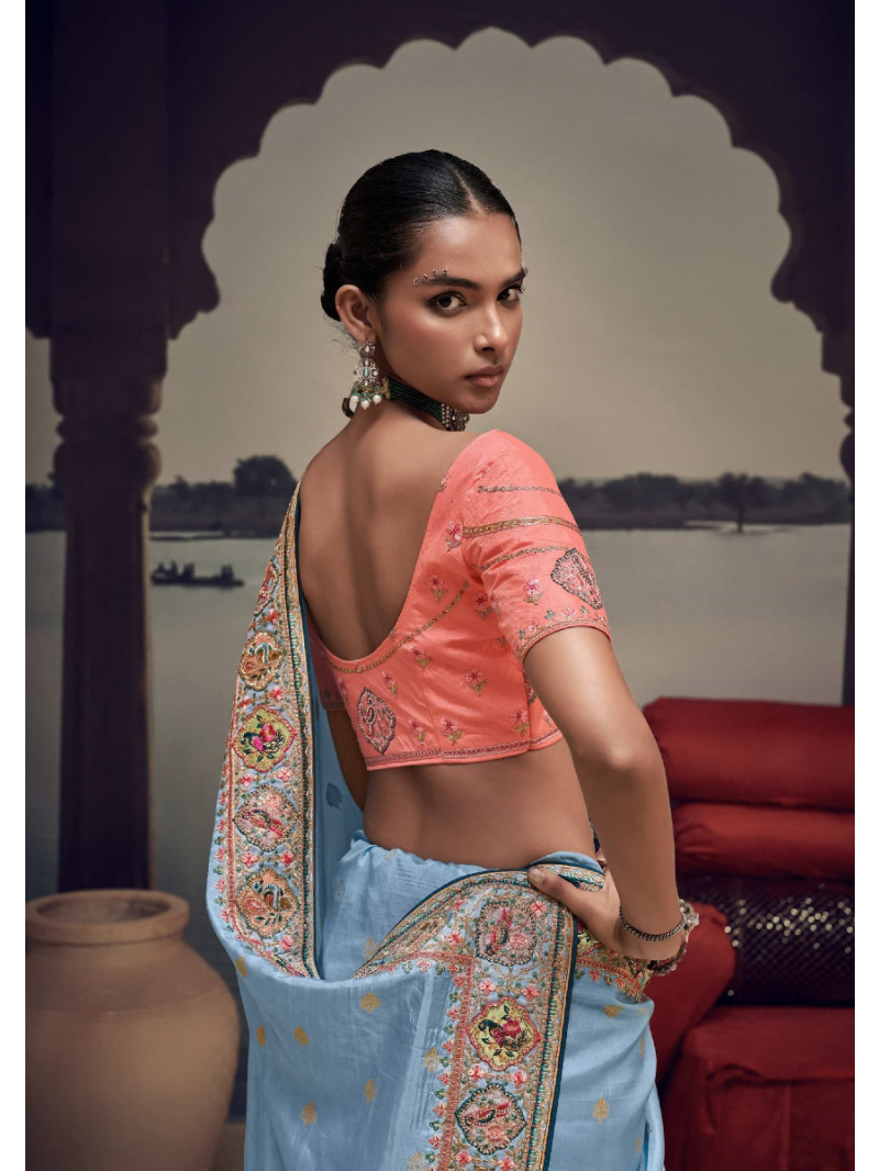 Elegant Ethnic Festive Misty Blue Satin Silk Saree 