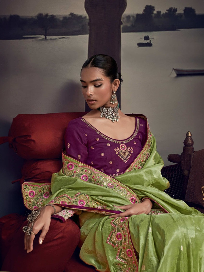 Ethnic Festive Traditional  Pastel Olive Green Satin Silk Saree