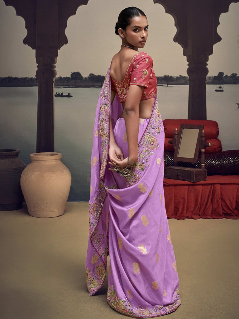 Elegant Ethnic  Festive Lavender  Satin Silk Saree