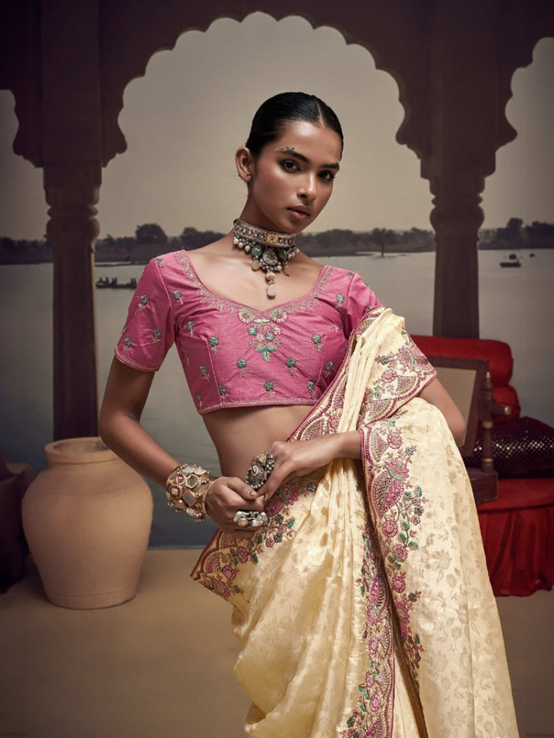 Elegant Ethnic Traditional Cream Satin Silk Saree
