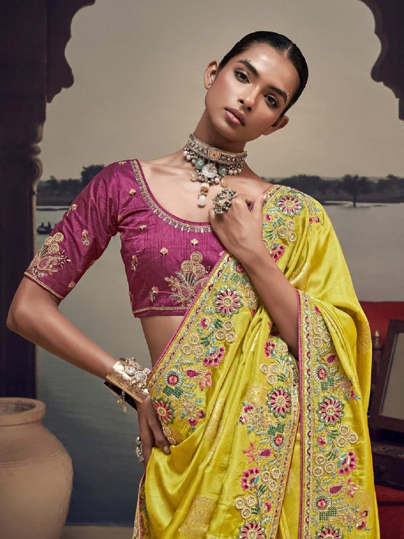 Elegant Ethnic Designer  Satin Silk Light Yellow Saree 
