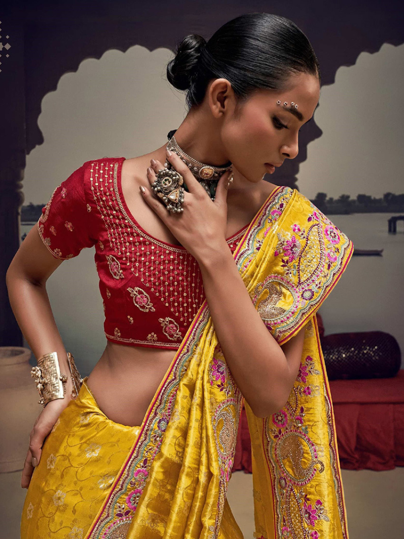 Authentic  Ethnic Festive Mustard Satin Silk Saree