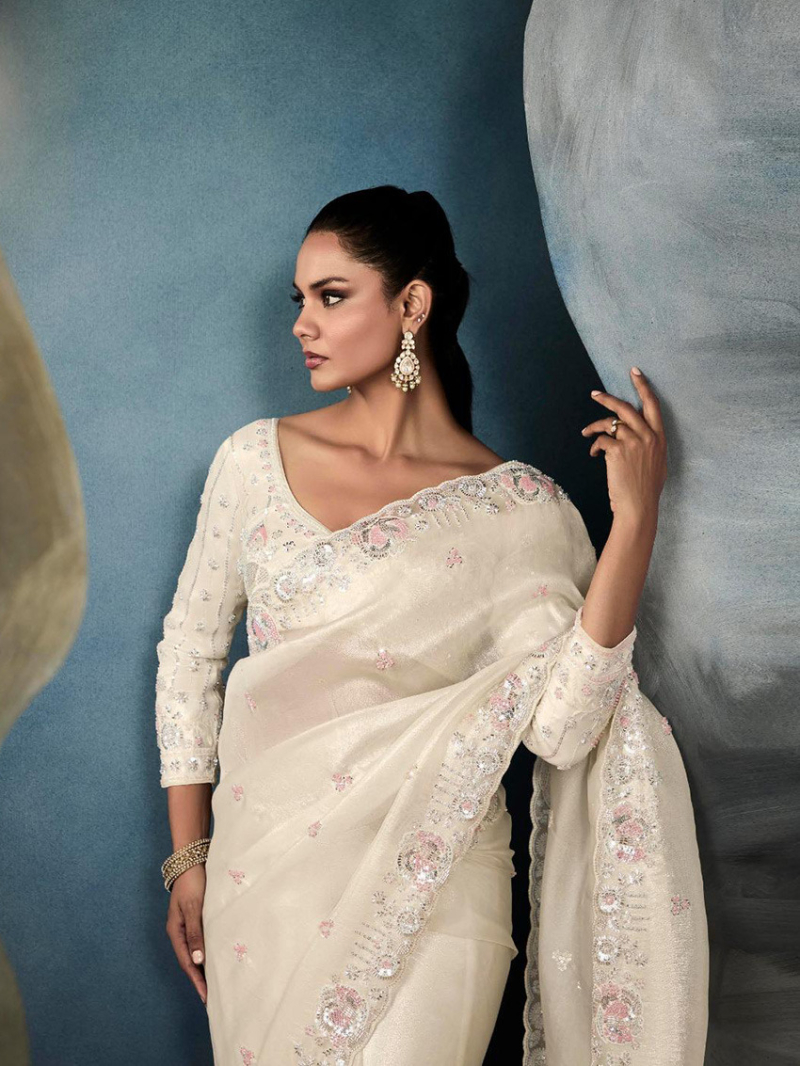 Ethnic Festive Party  White Tissue Silk Saree