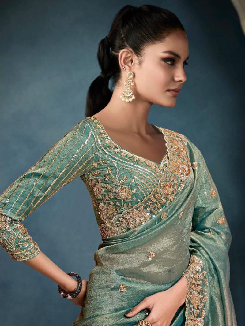Designer Ethnic Festive Sage  Green Tissue Silk Saree