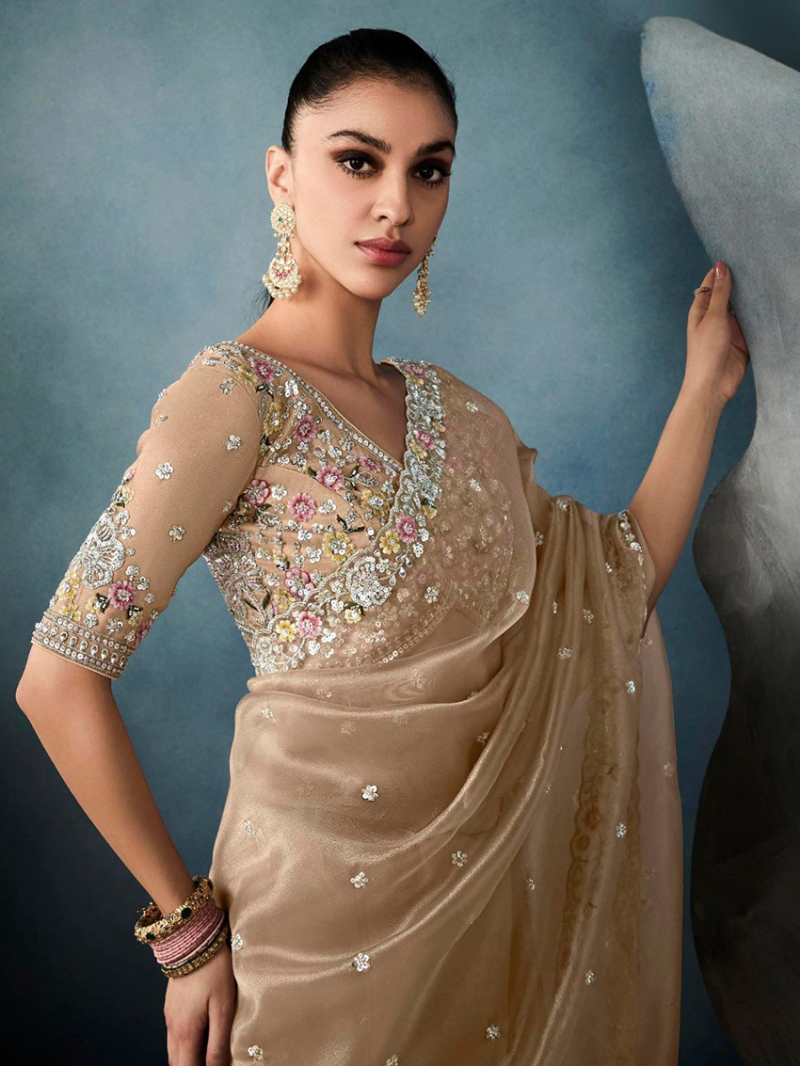 Ethnic Designer Fancy Beige Tissue Silk Saree