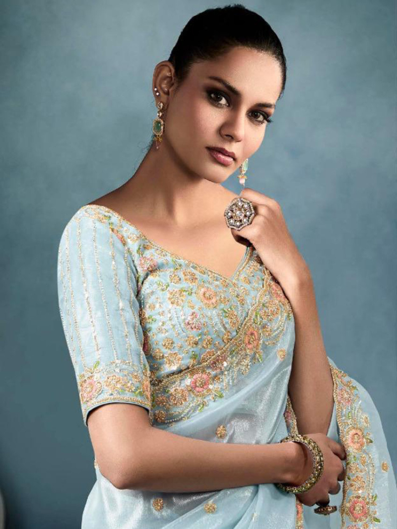 Ethnic Festive Designer Sky Blue Tissue Silk Saree