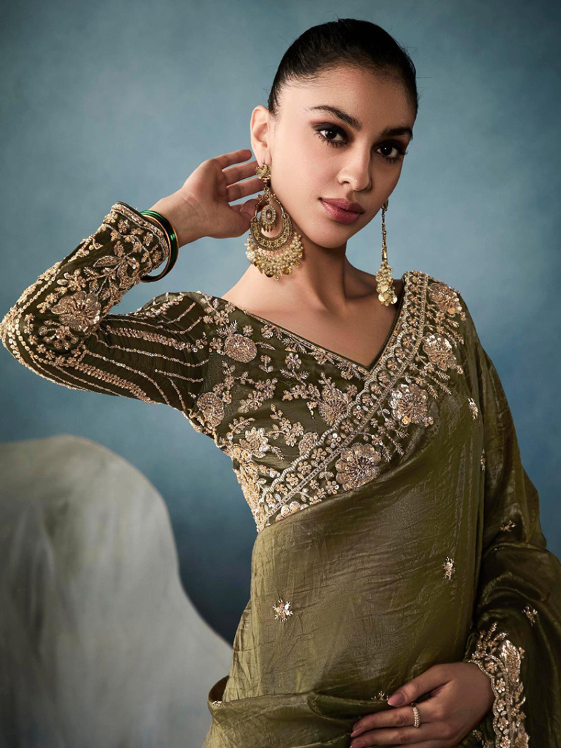 Ethnic Festive Party Wear Olive Green Tissue Silk Saree