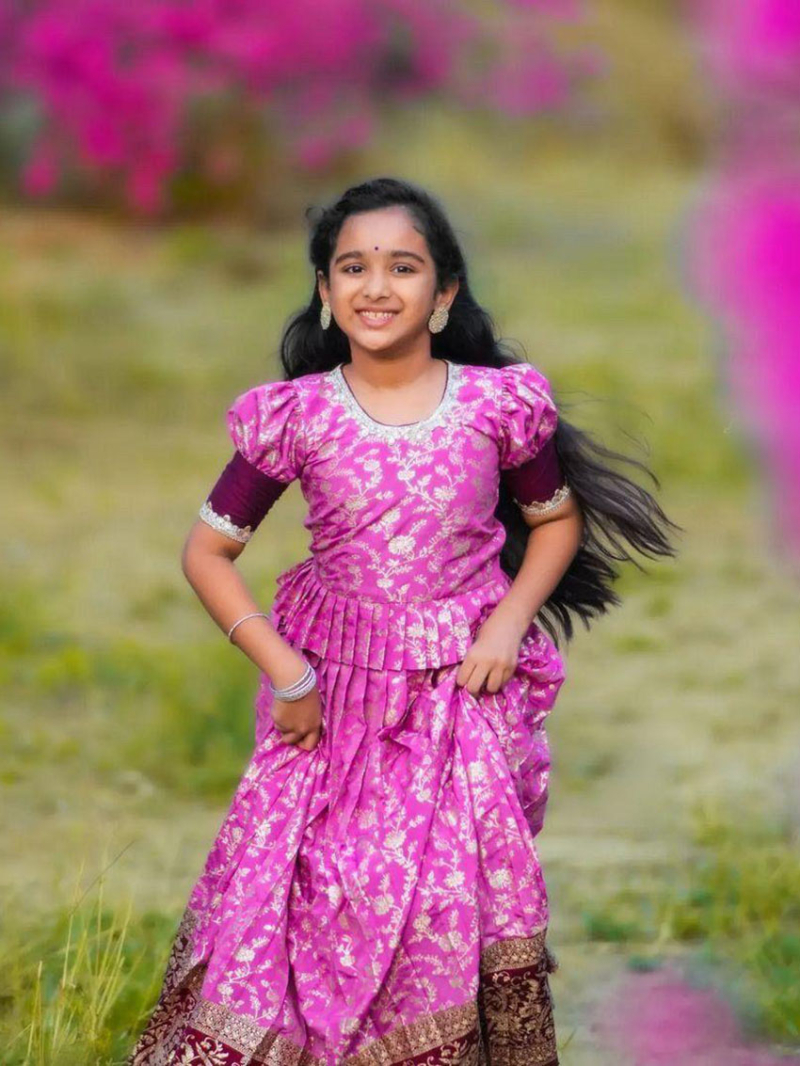 Elegant Ethnic Lichi Silk Hot Pink Kids Lehanga Set
