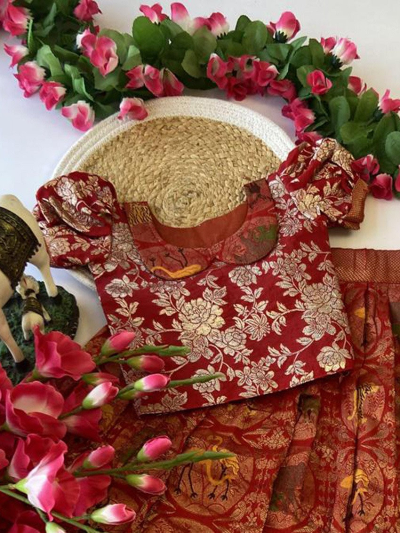 Elegant Maroon Heavy Banarasi Silk Kids Lehanga Suit