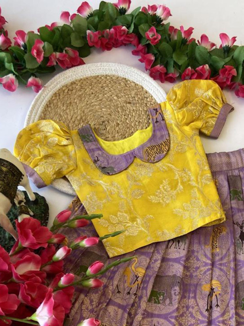 Yellow Heavy Banarasi Silk Kids Lehanga Suit