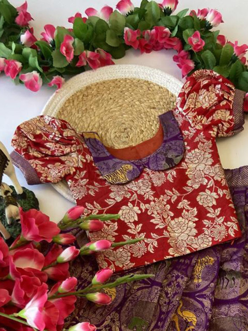 Authentic Purple & Red Heavy Banarasi Silk Kids Lehanga Suit