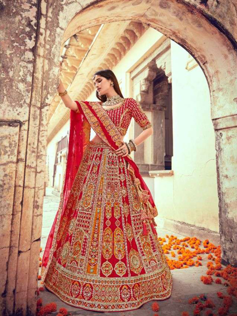 Elegant Ethnic  Royal Red & Orange Bridal Lahanga  Suit