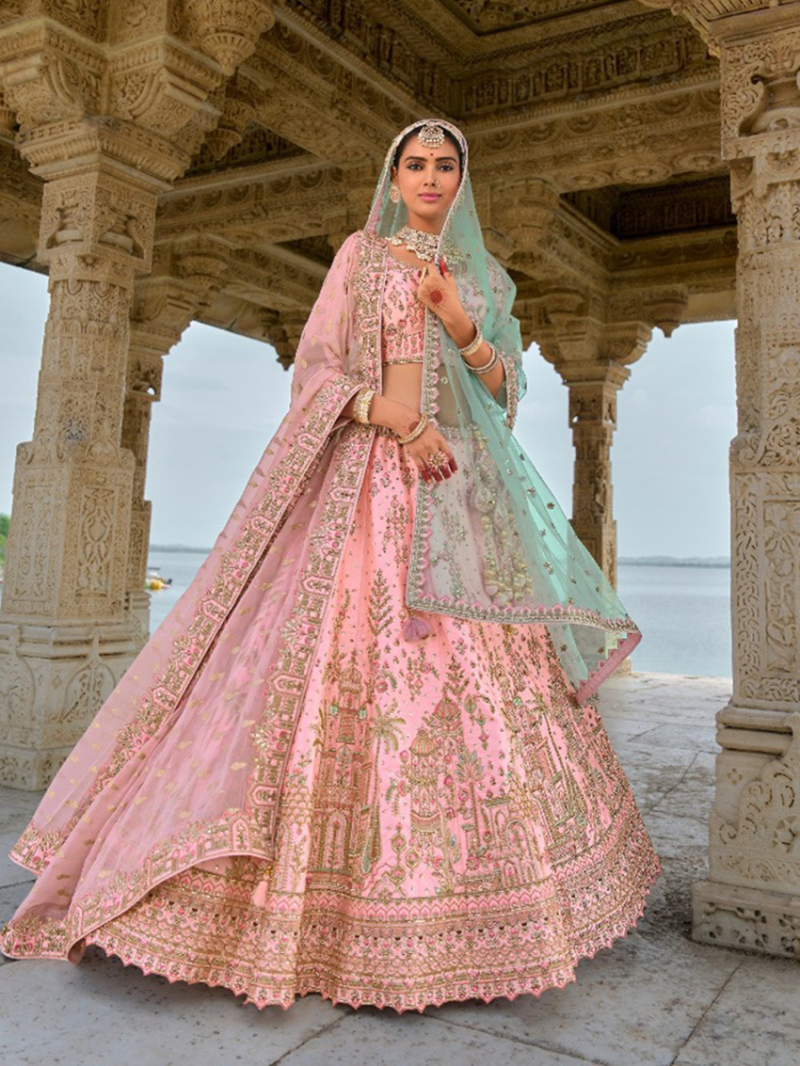 Festive Wear Bridal Peach Pink Lehanga Set