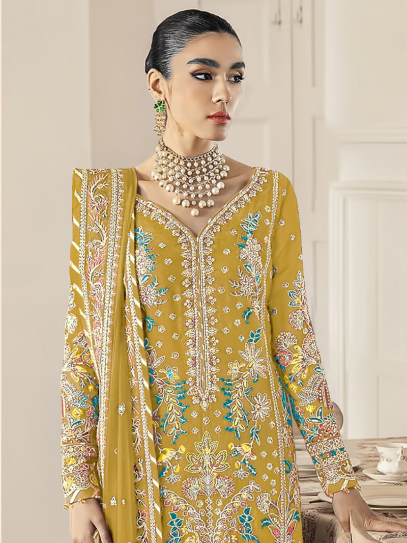 Elegant Festive Mustard Embroidered Straight Suit
