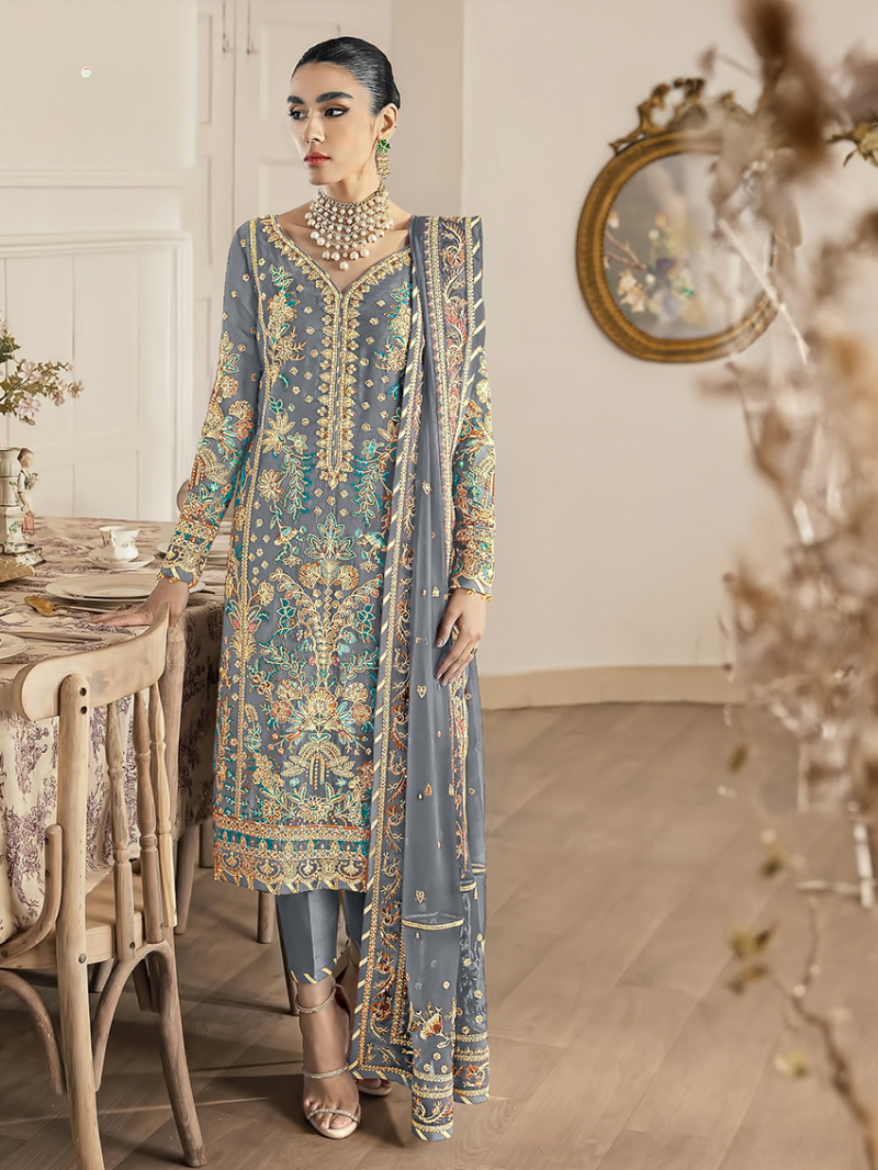 Elegant Ethnic Grey Embroidered Straight Suit