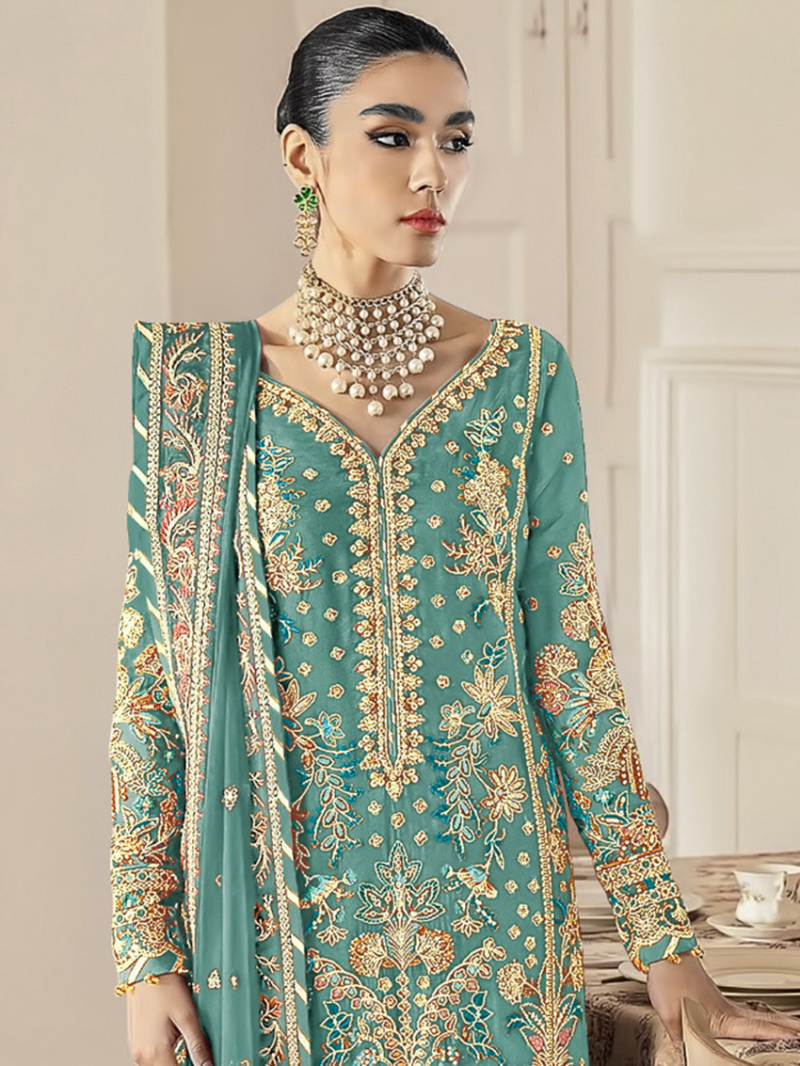 Elegant Ethnic Mint Green Embroidered Straight Suit