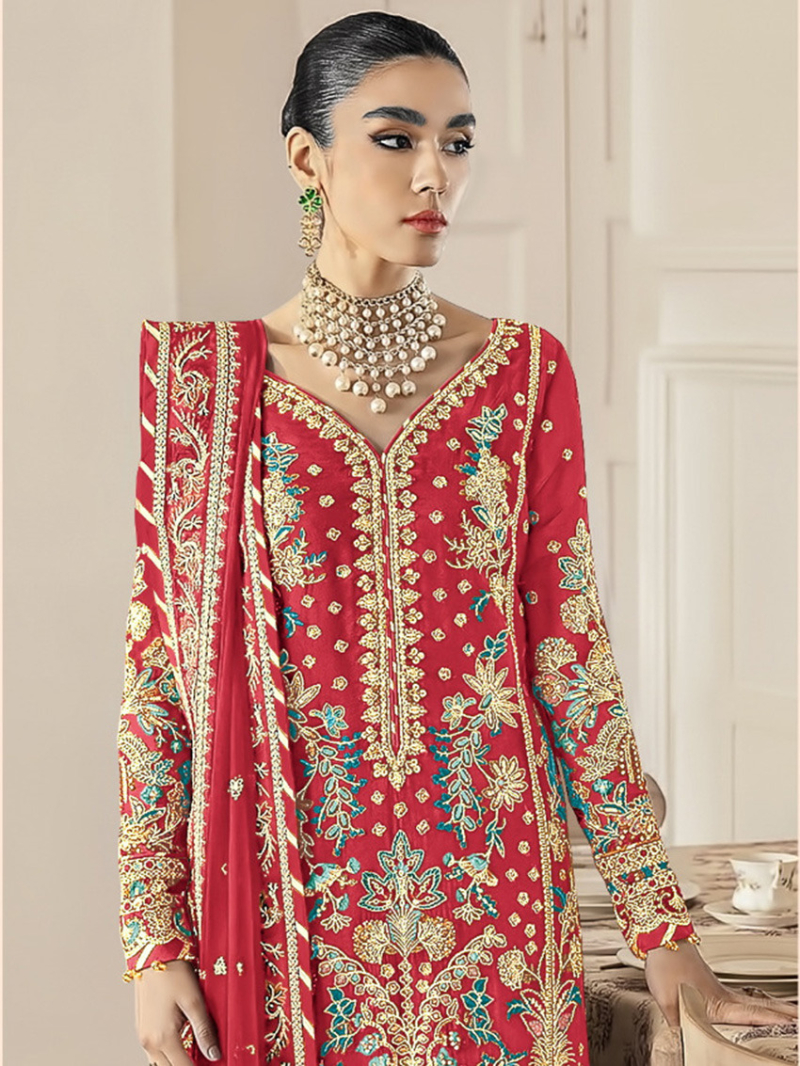 Elegant Festive Red Embroidered Straight Suit 
