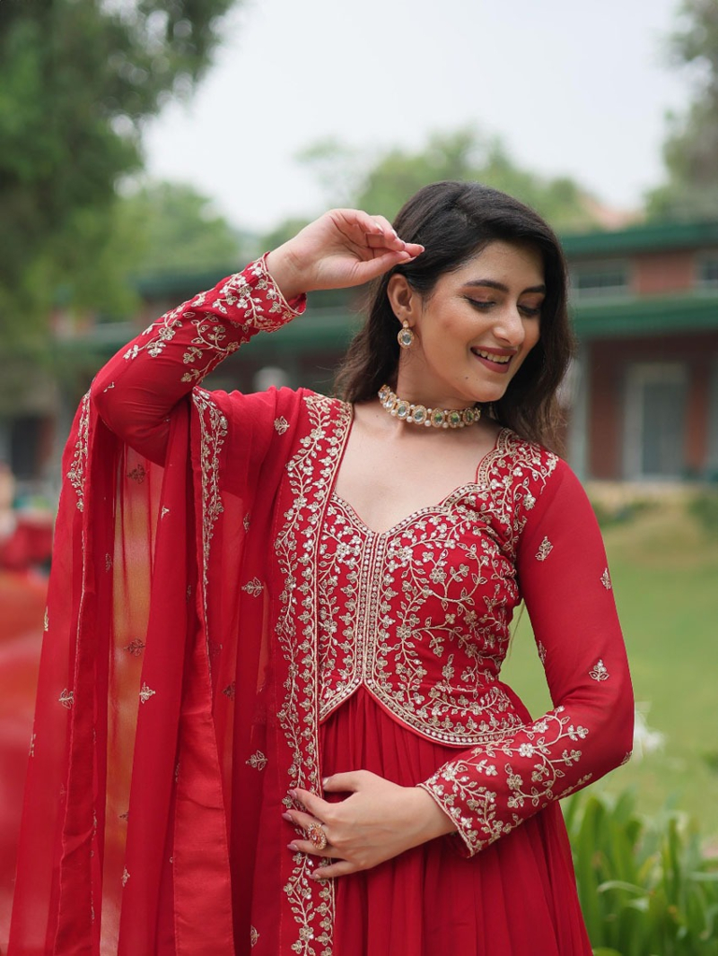 Elegant Ethnic Traditional Red Georgette Anarkali Suit