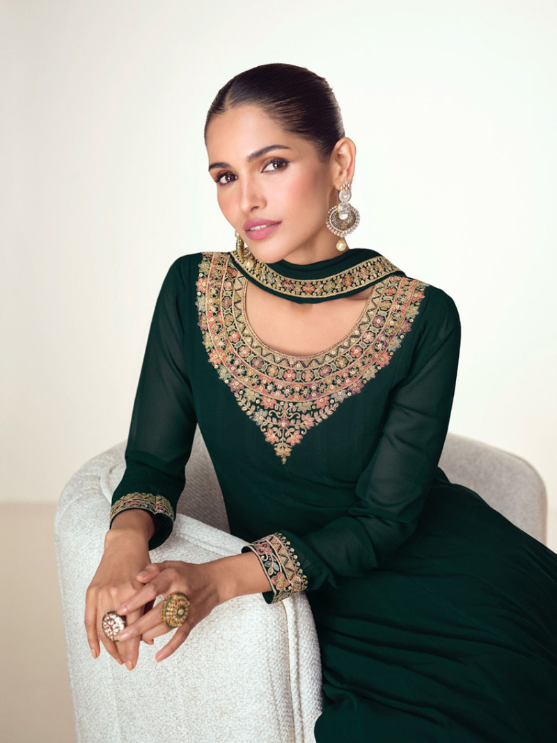 Elegant Ethnic Festive  Bottle Green Georgette Anarkali Suit
