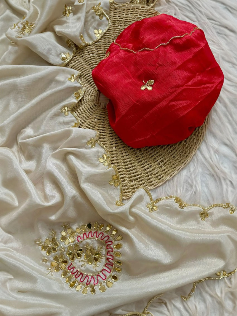 Festive Traditional  Ethnic Ivory  Chinnon Silk Saree