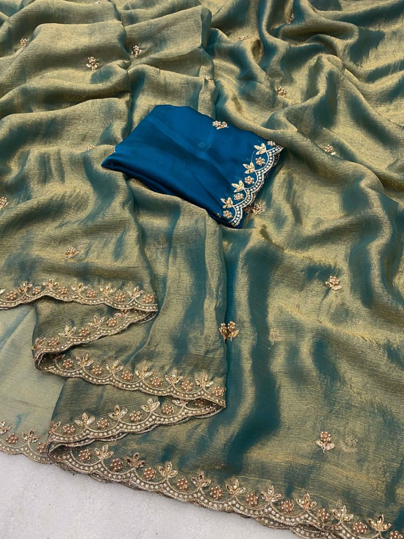 Ethnic Traditional Festive  Sage GreenFendi Satin Saree 