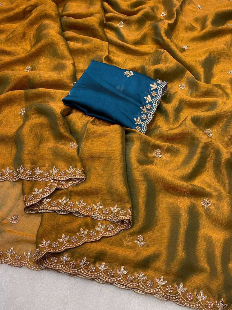 Ethnic Festive Traditional  Copper Gold Fendi Satin Saree