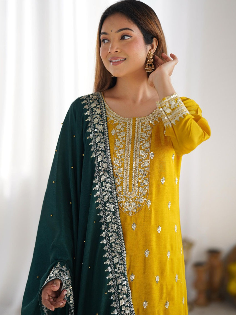 Elegant Ethnic Mustard Chinnon Silk Embroidered Suit Set