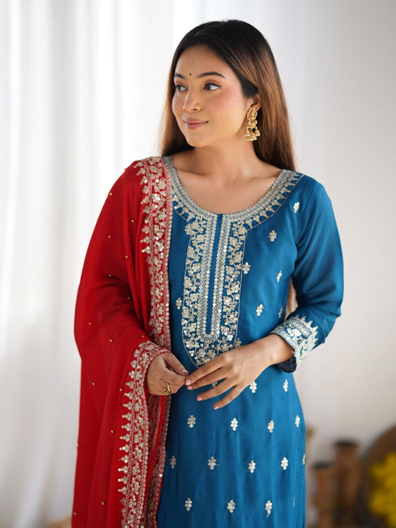  Ethnic Traditional Royal Blue Chinnon Silk Embroidered Suit Set