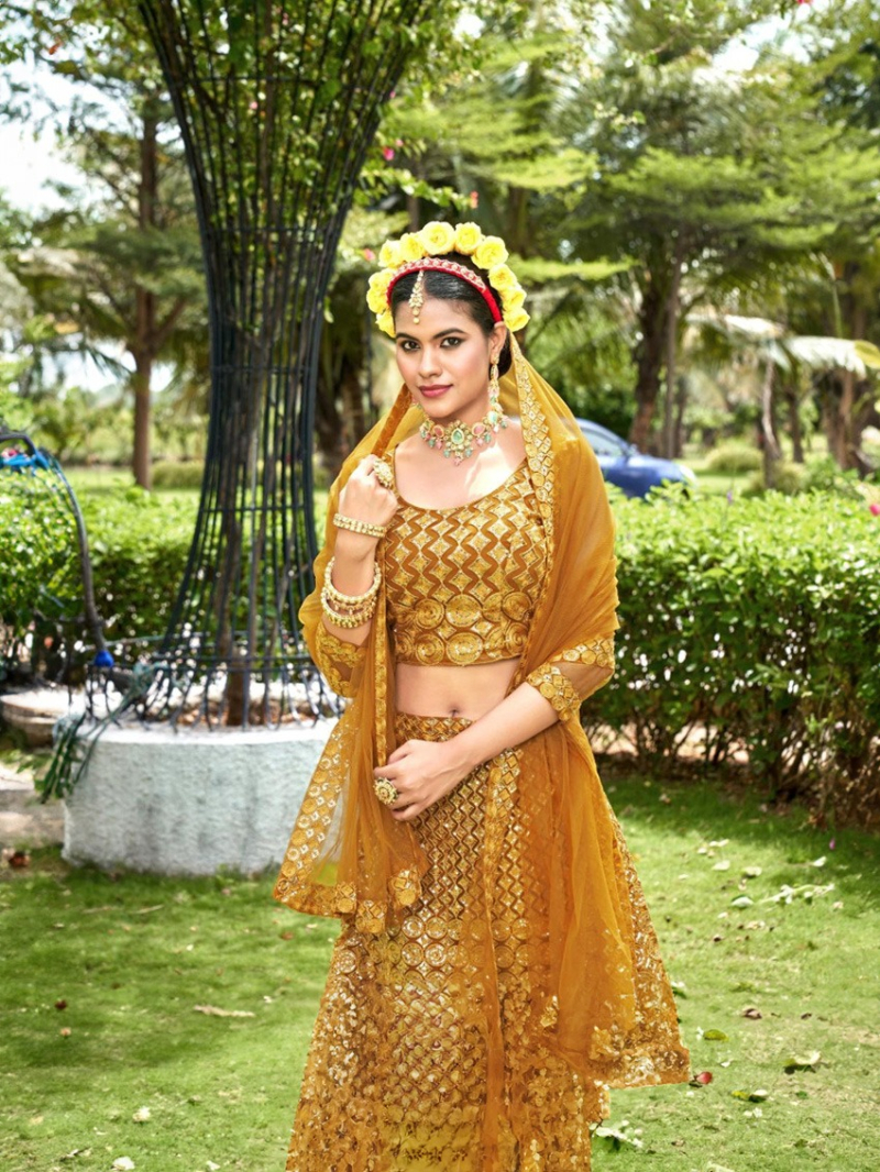 Golden Net Embroidered Lehanga Suit