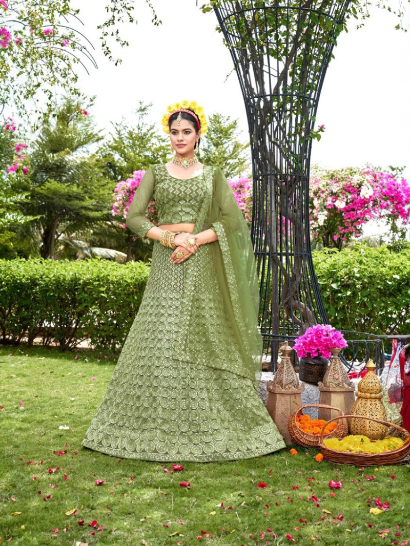 Olive Green Net Embroidered Lehanga Suit