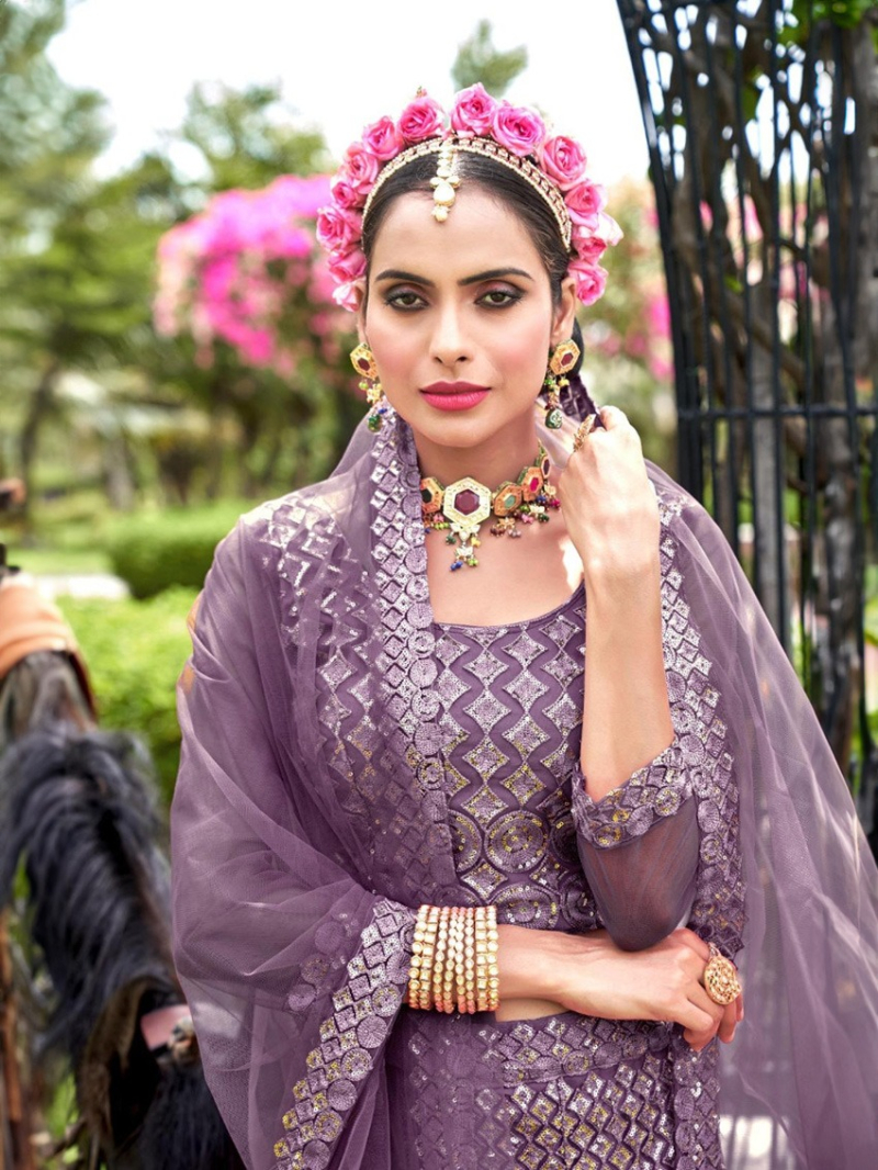 Elegant Purple Net Embroidered Lehanga Suit