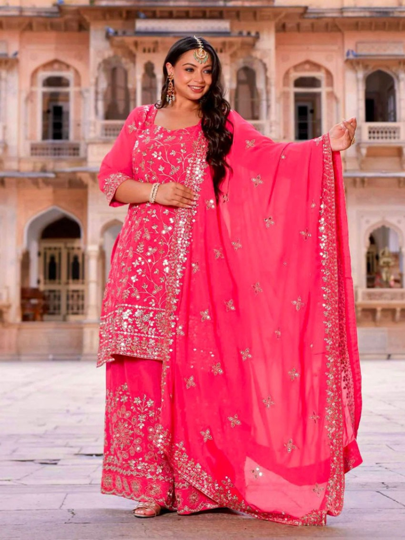 Elegant Hot Pink Embroidered Plazo Suit 