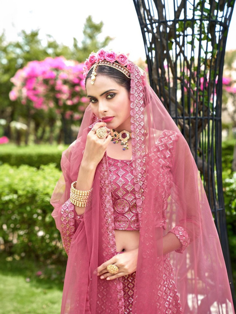 Rose Pink Net Embroidered Lehanga Suit