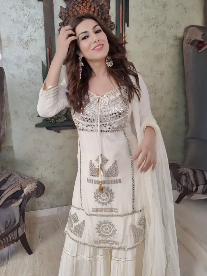 Off White Mirror Work Sharara Suit
