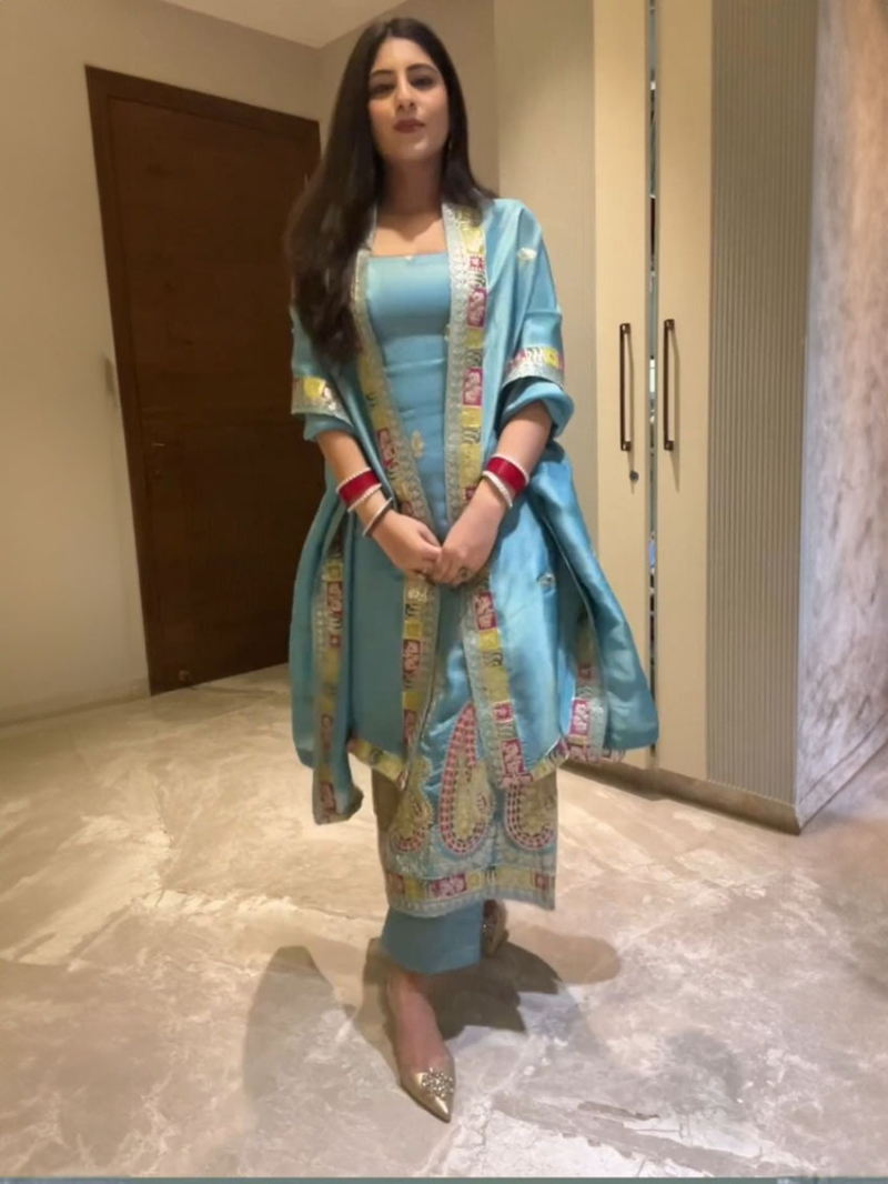 Sky Blue Pure Chinnon Silk Embroidered Suit 