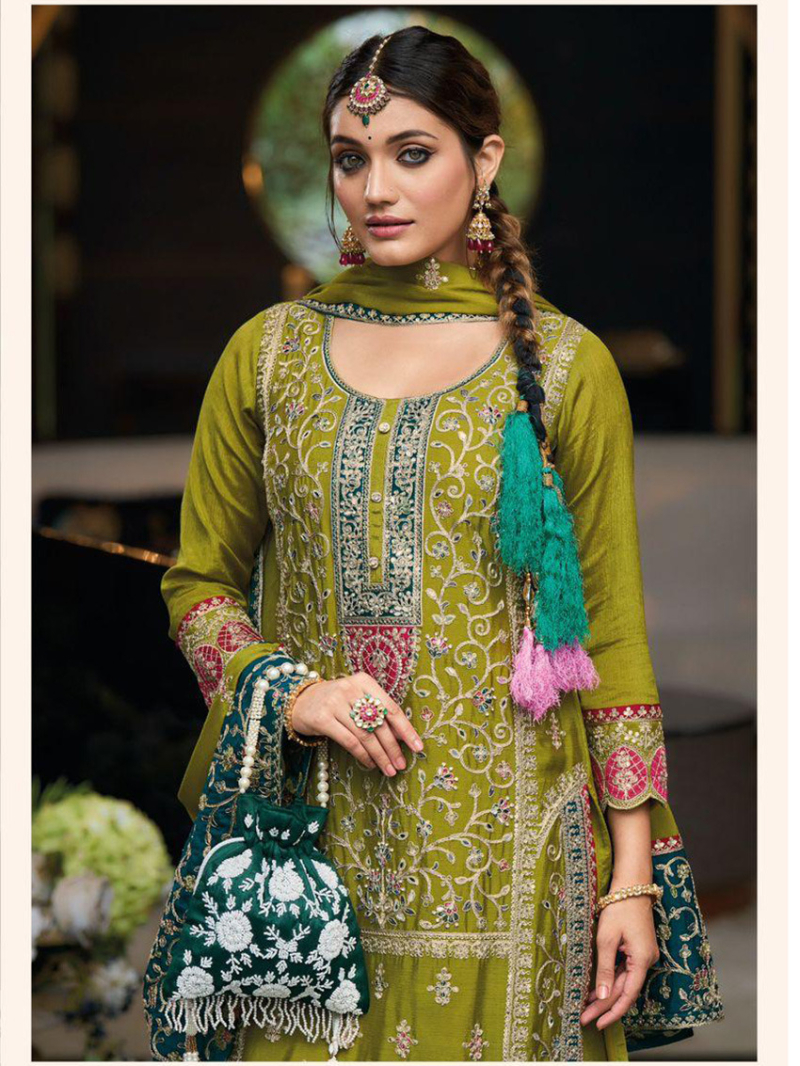 Elegant Ethnic Olive Green Embroidered Chinon Plazzo Suit 