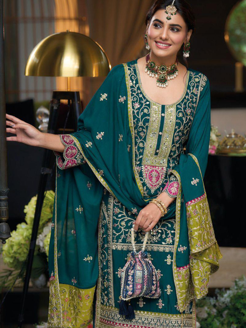Elegant Ethnic Teal Embroidered Chinnon Plazo Suit 