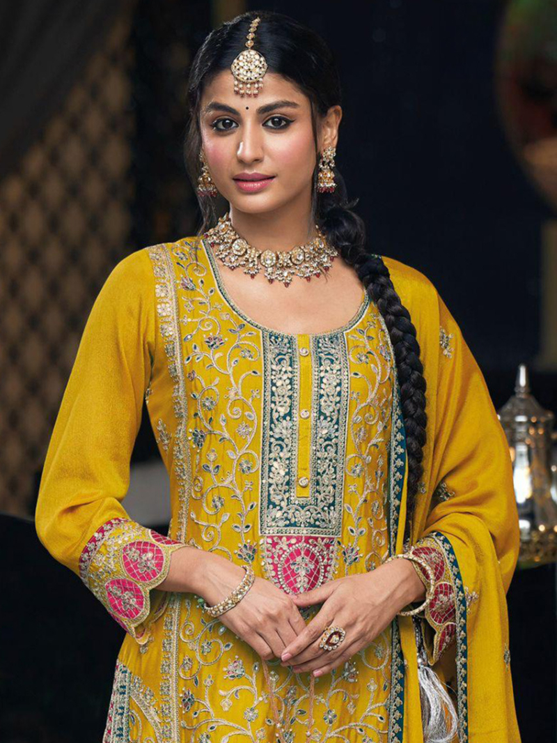 Sunshine Yellow Embroidered Chinon Palazzo Suit