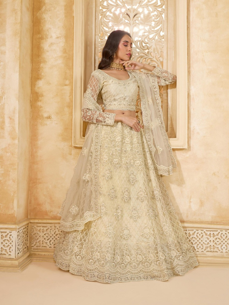 Authentic Elegnat Pure Ivory Net Bridal Wear Lehanga Suit