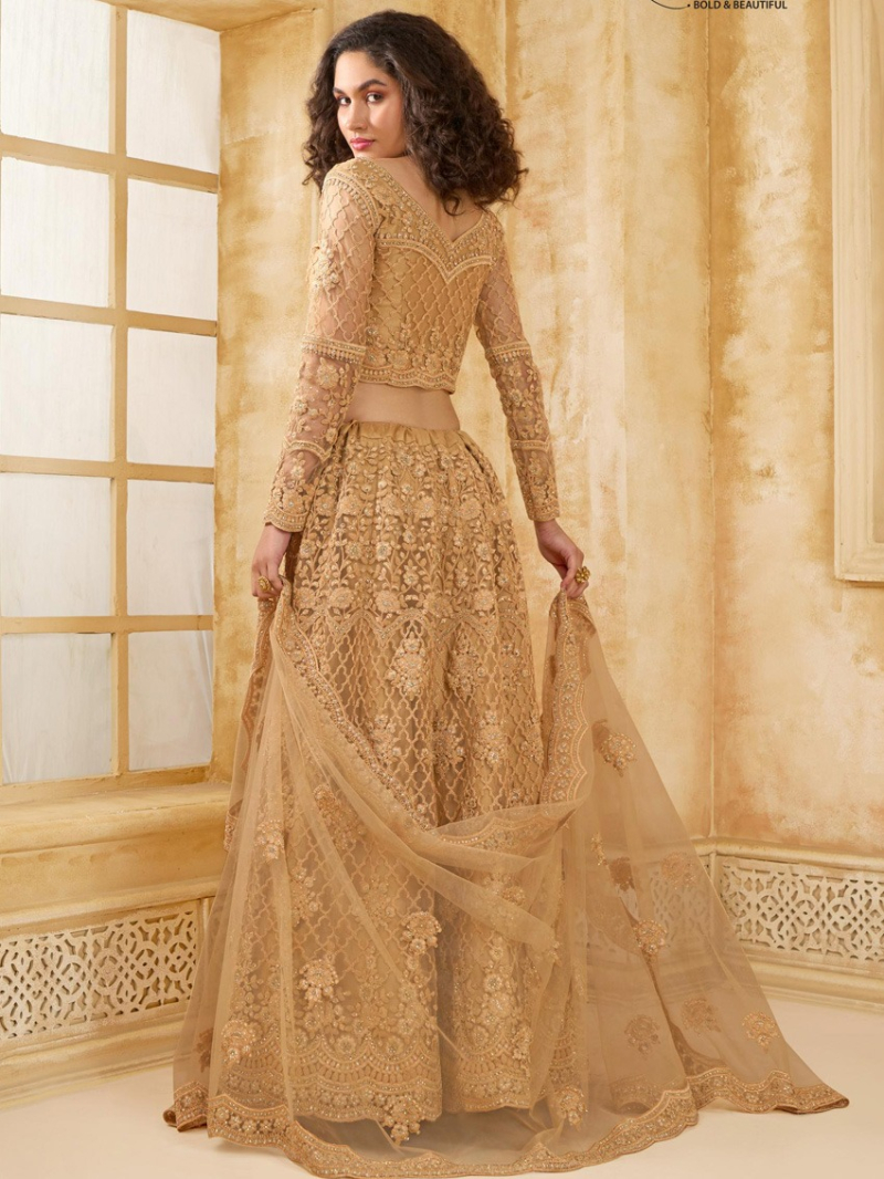 Authentic Elegant Golden Beige Bridal Wear Lehanga Suit