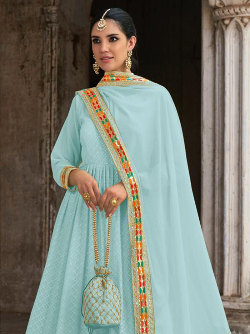 Elegant Ethnic Aqua Blue Georgette Anarkali Suit