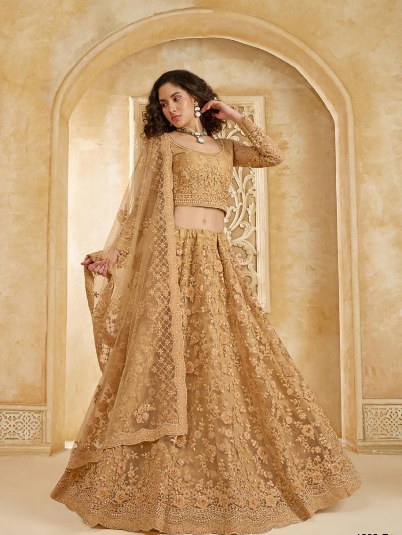 Elegant Ethnic Pure Net Golden Beige Bridal Wear Lehanga Suit